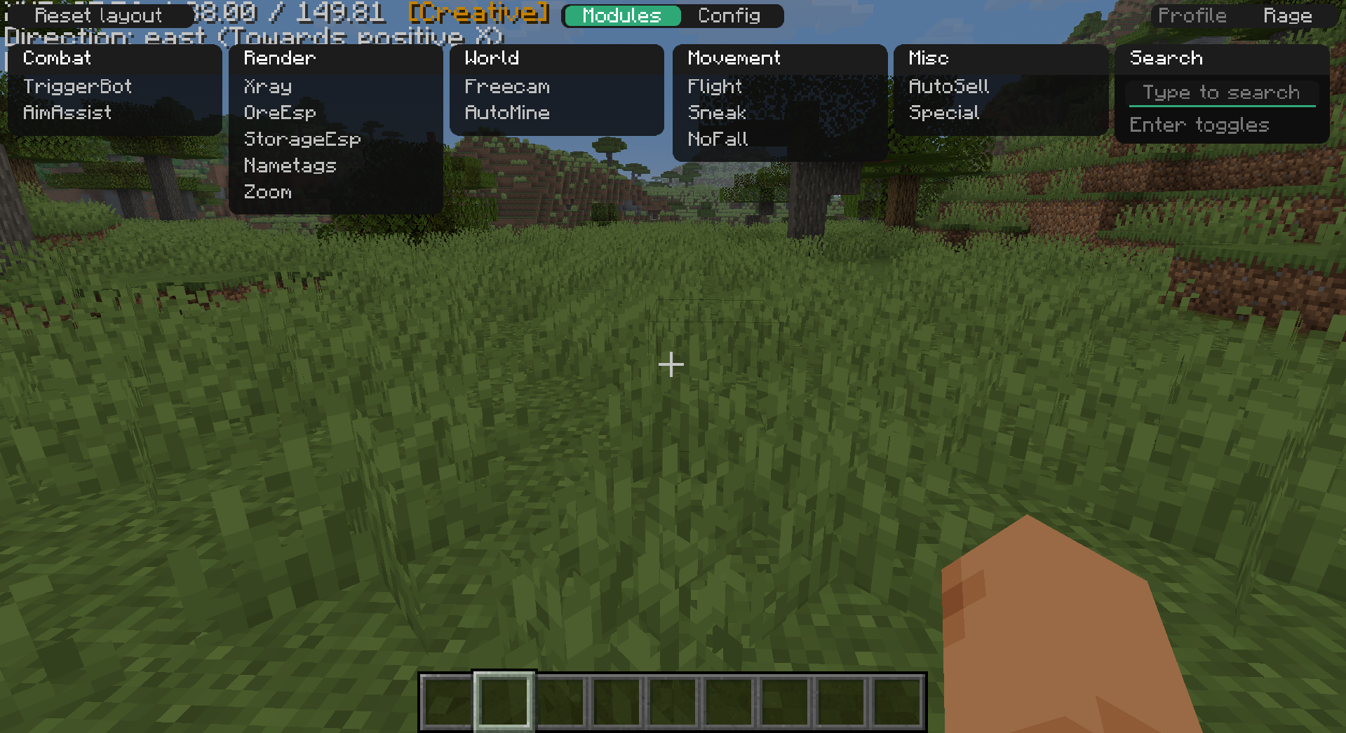 Torch ClickGUI with Combat, Render, World, Movement and Misc module panels